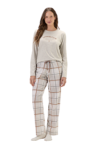 Pijama Feminino Adulto Manga Longa Bege Xadrez Marrom Cor Com Amor