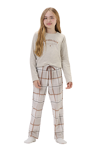 Pijama Menina Manga Longa Bege Xadrez Marrom Cor Com Amor