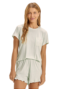 Pijama Feminino Manga Curta Listrado Verde Viscolycra Cor Com Amor