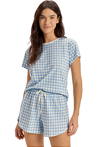 Pijama Feminino Manga Curta Vichy Estrelas Azul Cor Com Amor