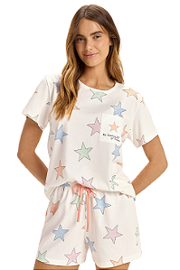 Pijama Feminino Manga Curta Estrelas Coloridas Cor Com Amor