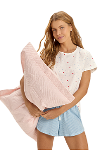 Pijama Feminino Manga Curta Blusa Corações Poás Vermelhos Short Listrado Azul Cor Com Amor