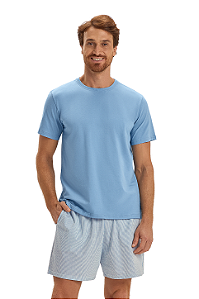 Pijama Masculino Adulto Manga Curta Azul Médio Listrado Cor Com Amor