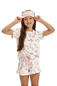 Pijama Menina Manga Curta Laços e Gatinhas Cor Com Amor