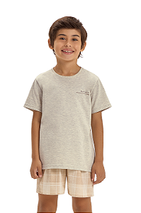 Pijama Menino Manga Curta Mescla Short Xadrez Marrom Cor Com Amor