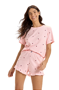 Pijama Feminino Manga Curta Rosa Cerejas Cor Com Amor