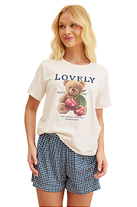 Pijama Feminino Manga Curta Urso Lovely Vichy Azul Cor Com Amor