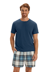Pijama Masculino Adulto Manga Curta Azul Marinho Maxi Xadrez Cor Com Amor