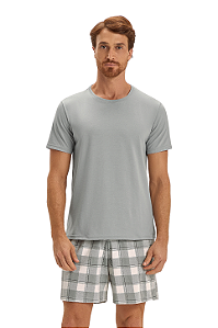 Pijama Masculino Adulto Manga Curta Cinza Xadrez Cor Com Amor