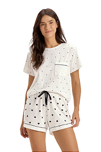 Pijama Manga Curta Off White Corações Pretos Cor Com Amor