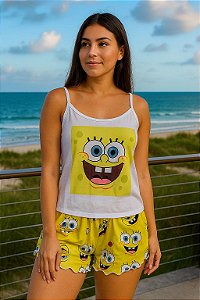 PIJAMA BABY DOLL BLOGUEIRA ALCINHA BRANCA SUEDE PREMIUM PERSONAGENS SORTIDOS