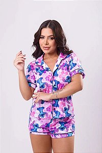 PIJAMA AMERICANO ADULTO BOTÃO CURTO PÓS CIRURGICO AMAMENTAÇÃOSUEDE PERSONAGENS / ESTAMPADOS