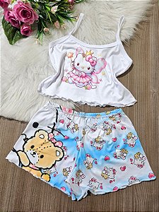 PIJAMA BABY DOLL CROPPED INFANTIL HELLO KITTY EM SUEDE PREMIUM