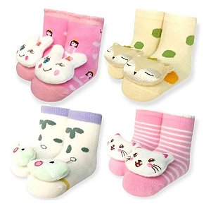 KIT 3 PARES MEIAS BEBÊ ALGODÃO 3D COM CHOCALHO MENINA