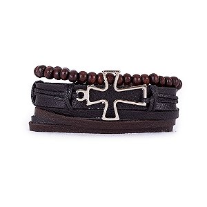 Pulseira Em Couro e Madeira Etnica Marrom Cruz