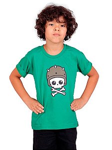 Camiseta Infantil Caveira Motoqueira Verde.