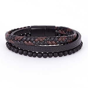 Pulseira Masculina Em Couro Trançado - Preto E Marrom