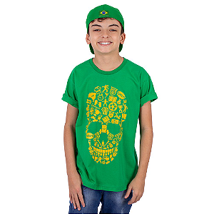 Camiseta Juvenil Brasil Fut Caveira Verde