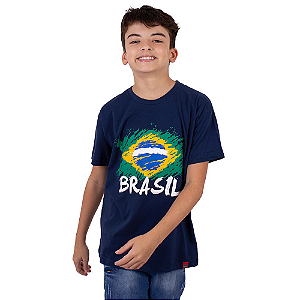 Camiseta Juvenil Brasil Bandeira Marinho