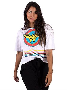 Camiseta Feminina Baby Box Mulher Maravilha Branca Oficial
