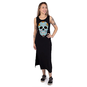 Vestido Tubinho Abertura Lateral Caveira Mexicana Preto