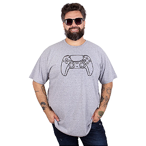 Camiseta Plus Size Controle Gamer Cinza Mescla.