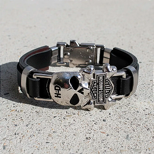 Pulseira Em Couro e Aço Inoxidável Caveira Harley Preta