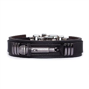 Pulseira Em Couro e Aço Inoxidável Microfone Preta