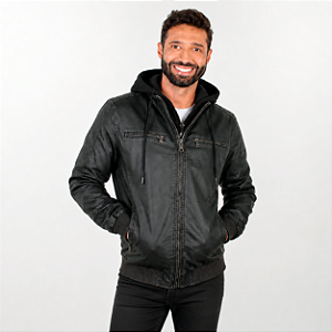Jaqueta Masculina em PU Com Capuz Removível - Preta