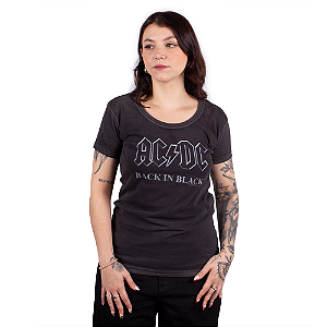 Camiseta Feminina Estonada ACDC Back In Black - Preta Oficial