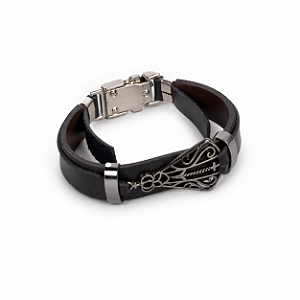 Pulseira Em Couro e Aço Inoxidável Nossa Senhora Aparecida - Preta