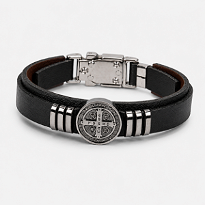 Pulseira Em Couro e Aço Inoxidável Medalha de São Bento - Preta