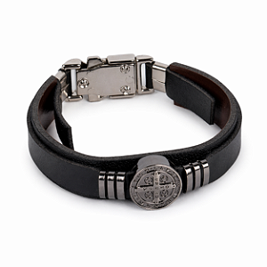 Pulseira Em Couro e Aço Inoxidável Medalha de São Bento - Preta