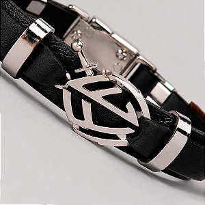 Pulseira Em Couro e Aço Inoxidável Escudo da Fé - Preta