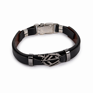 Pulseira Em Couro e Aço Inoxidável Escudo da Fé - Preta