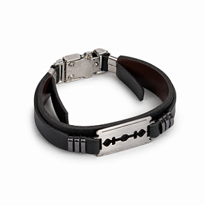 Pulseira Em Couro e Aço Inoxidável Lâmina de Barbear - Preta