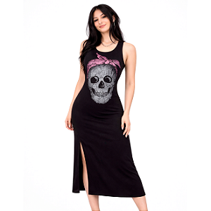 Vestido Tubinho Abertura Lateral Caveira Laço