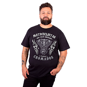 Camiseta Plus Size Motociclista Cromado Preta.