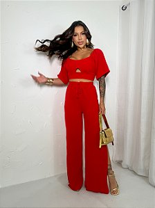 Conjunto Calça e Cropped Manguinha Vermelho