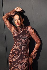 Vestido Tule Manga Marrom