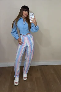 Calça Ballon Listrada Celeste