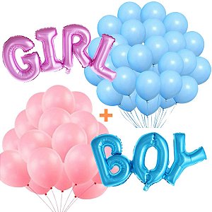 Kit Chá Revelação Decoração - Balão Boy E Girl + Balões Bexigas Rosa E Azul 25 Unidades Cada