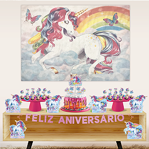 Kit Decoração de Festa Unicornio Com Painel E Enfeite de Mesa 39 itens