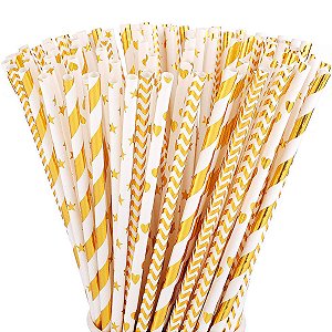 Canudo de Papel 25 50 100 200un Metalizado Dourado Prata Estrela Biodegradavel Para Doces Drinks