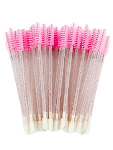 Escovinha Dupla para Cílios e Lip Gloss Descartável Glitter Rosa 50 unid.