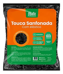 Touca Descartável Sanfonada com Elástico Preta Medix 100 unidades