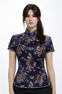 Blusinha Chinesa Dragão e Fênix Azul