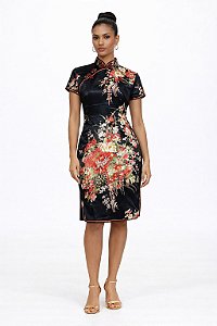 Vestido Qipao Chinês Preto Floral