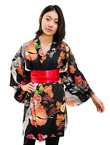 Kimono Curto Tsuru Flores Preto