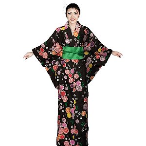 Kimono Longo Preto Florido